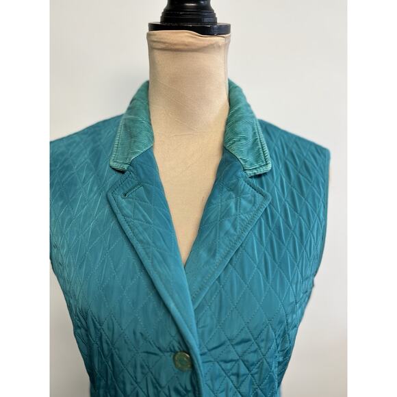 TALBOTS PM Equestrian Quilted Vest Teal Corduroy Collar Medium Fleece Lined Prep - Picture 2 of 13